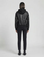 Women's Black Leather Bomber Jacket with Removable Hood