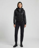 Women's Black Leather Bomber Jacket with Removable Hood