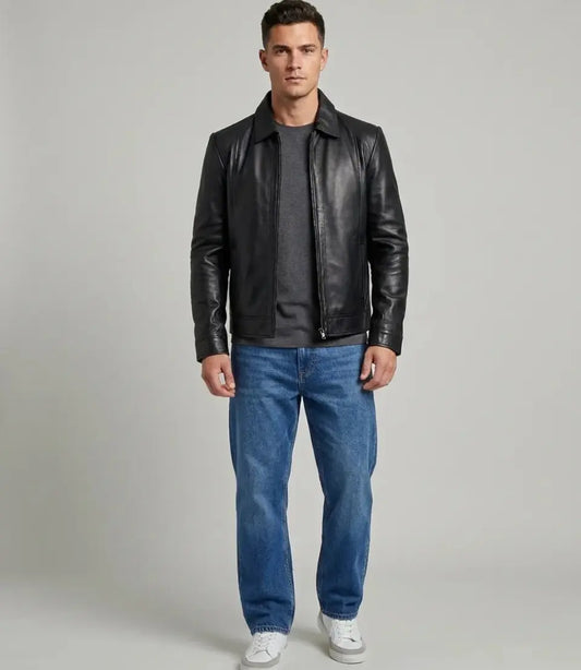 Men's Black Lambskin Leather Shirt Collar Trucker Jacket