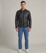 Men's Black Lambskin Leather Diamond Quilted Shoulder Biker Cafe Racer Jacket