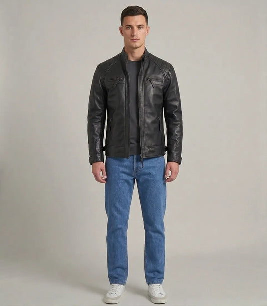 Men's Black Lambskin Leather Diamond Quilted Shoulder Biker Cafe Racer Jacket