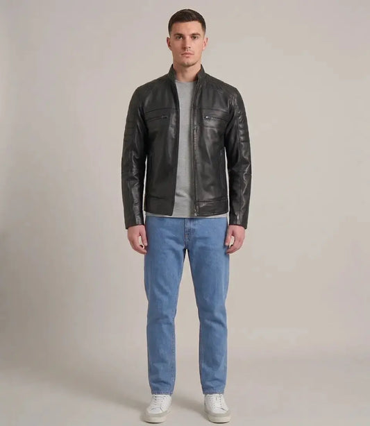 Men's Black Lambskin Leather Quilted Shoulder Cafe Racer Biker Jacket