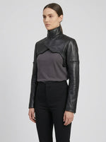 Sleek High-Neck Black Leather Bolero Jacket – Fitted Cropped Style