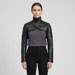 Sleek High-Neck Black Leather Bolero Jacket – Fitted Cropped Style