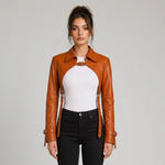 Statement Cognac Brown Leather Bolero Jacket with Buckle Details