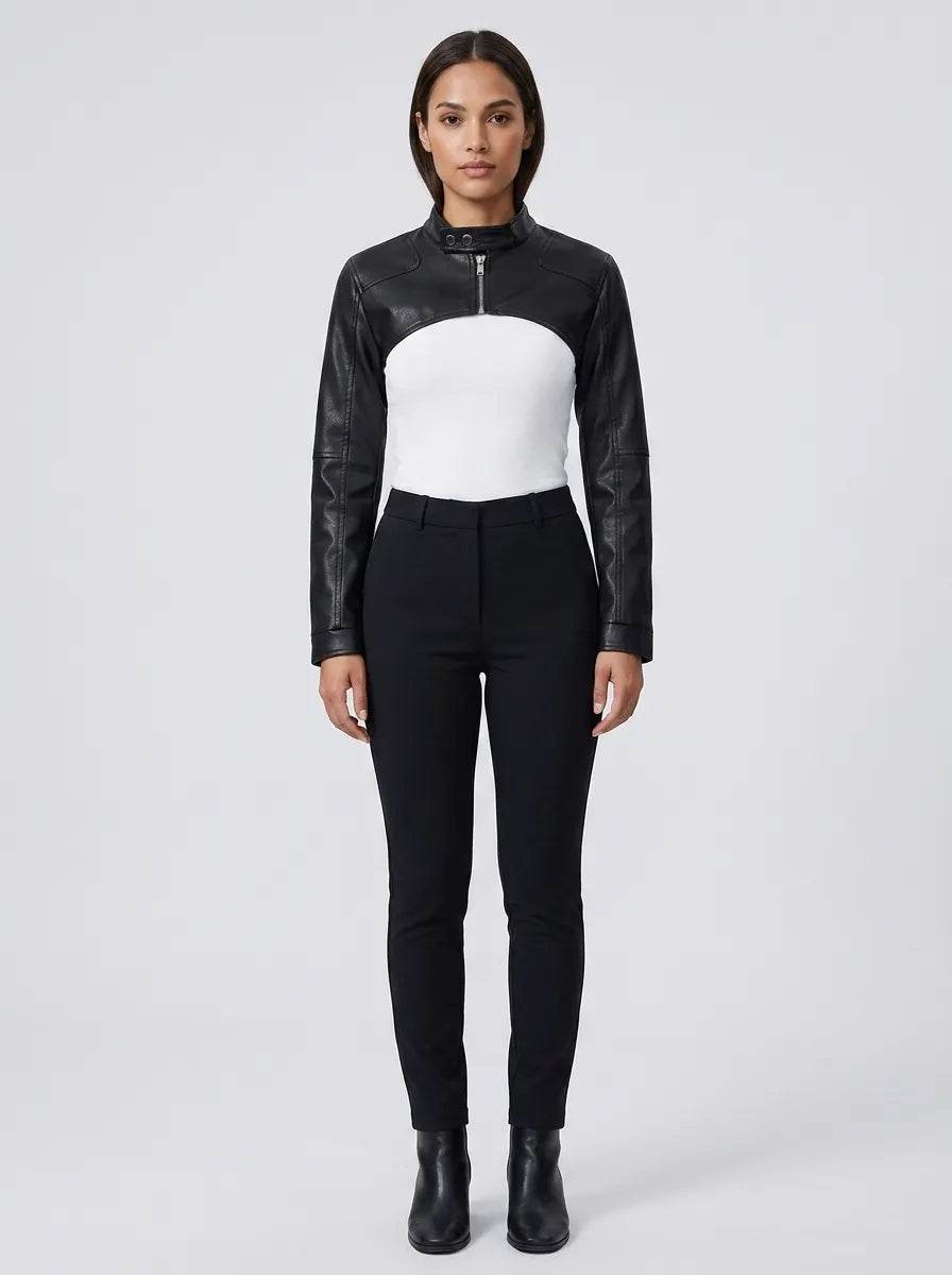 Classic Front-Zip Black Leather Bolero Jacket – Cropped Style