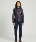 Women's Purple Real Lambskin Leather Cafe Racer Biker Jacket