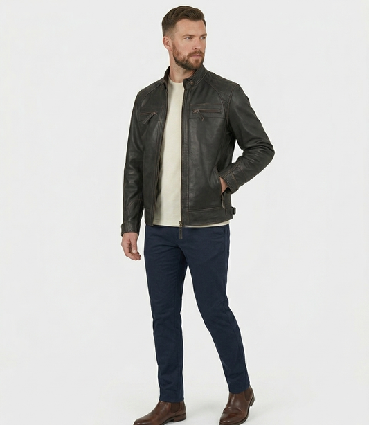 Men's Distressed Dark Brown Real Lambskin Leather Cafe Racer Biker Jacket
