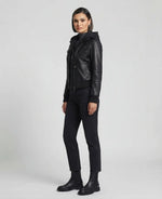 Women's Black Leather Bomber Jacket with Removable Hood