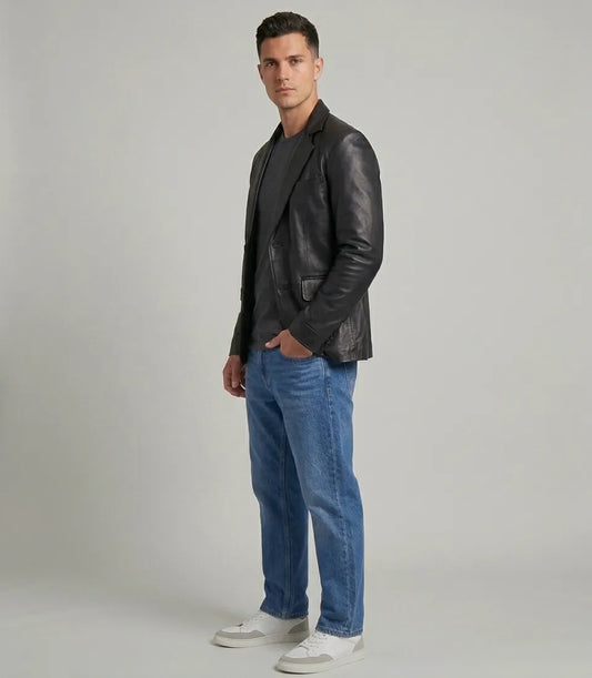 Men's Black Lambskin Leather Two-Button Blazer Jacket