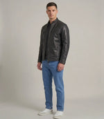 Men's Black Lambskin Leather Diamond Quilted Shoulder Biker Cafe Racer Jacket