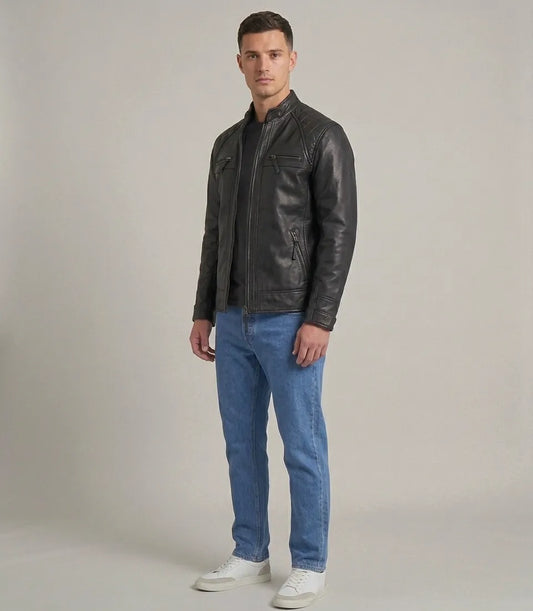 Men's Black Lambskin Leather Diamond Quilted Shoulder Biker Cafe Racer Jacket