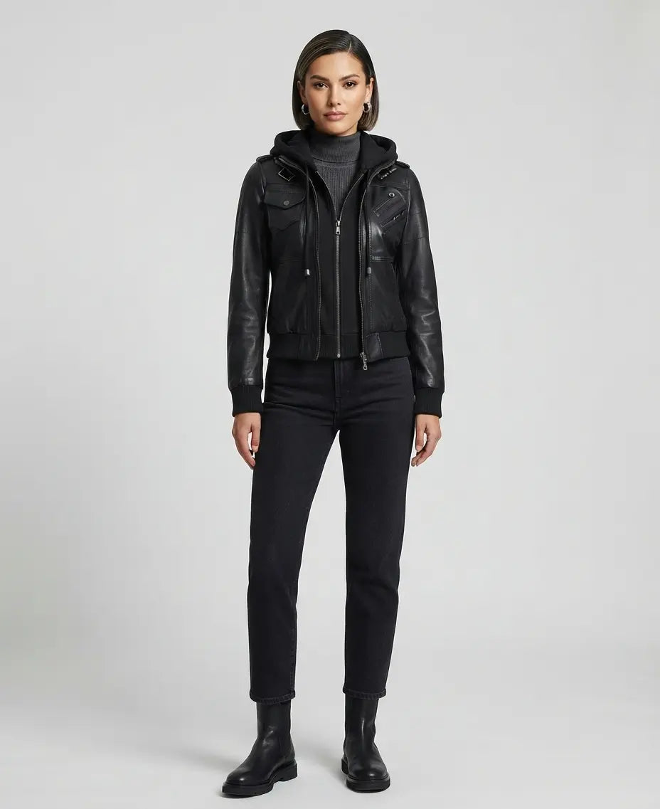 Women's Black Leather Bomber Jacket with Removable Hood