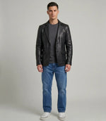 Men's Black Lambskin Leather Two-Button Blazer Jacket