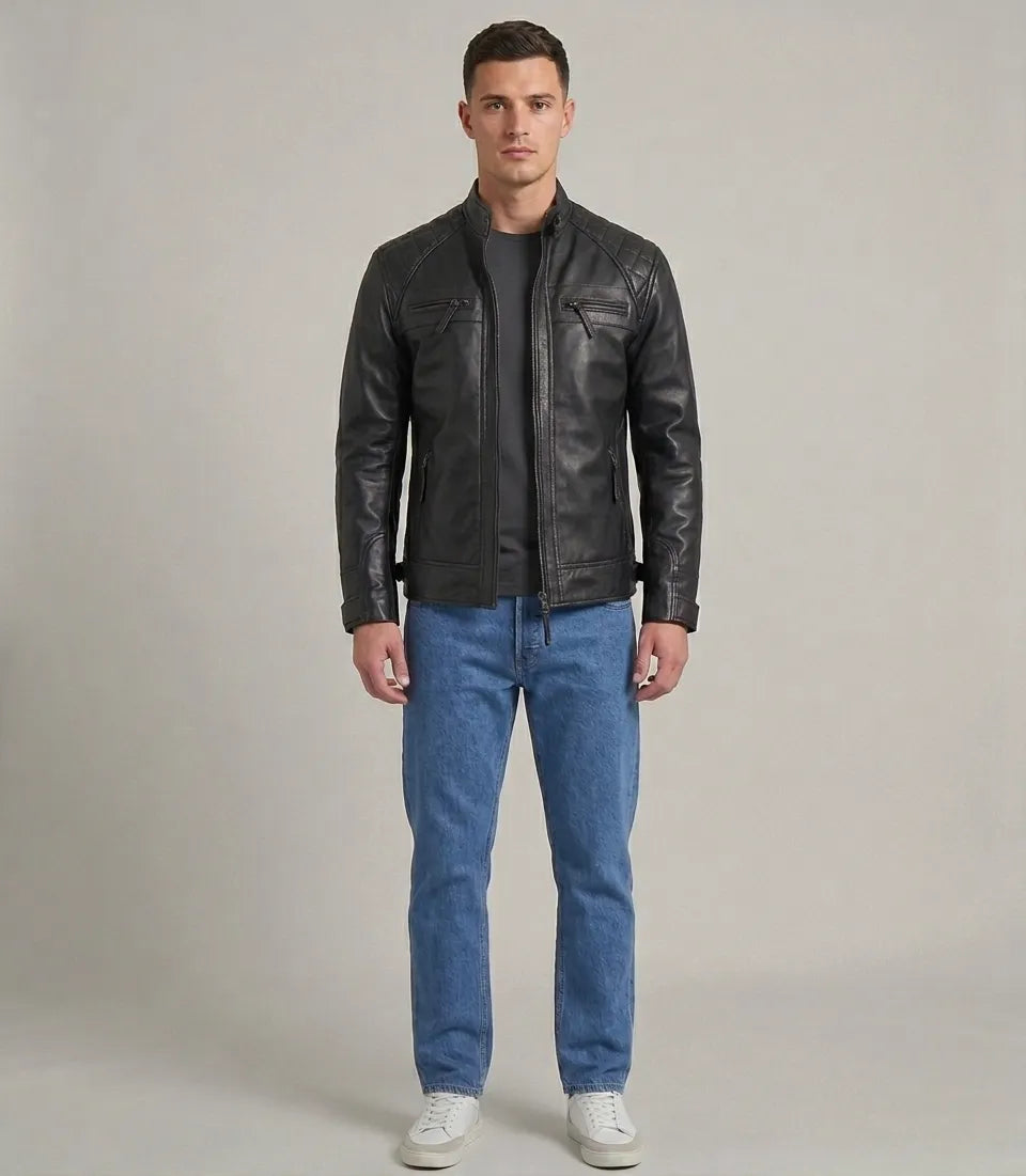Men's Black Lambskin Leather Diamond Quilted Shoulder Biker Cafe Racer Jacket