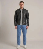 Men's Black Lambskin Leather Quilted Shoulder Cafe Racer Biker Jacket
