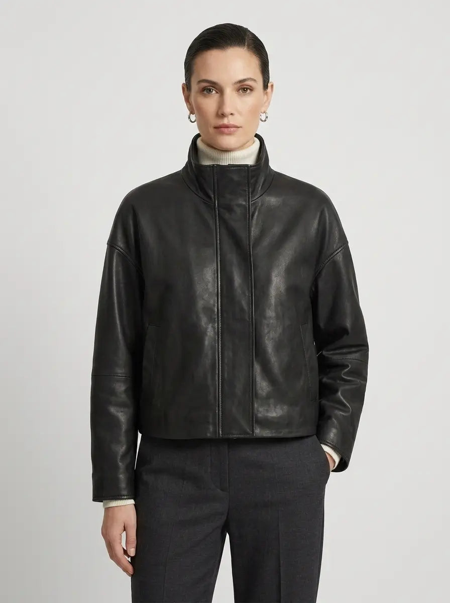 Funnel Neck Leather Jacket