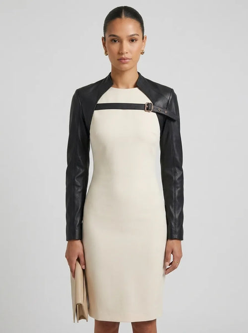 Moto-Inspired Black Leather Bolero Jacket with Buckle Straps