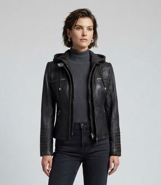 Women's Black Leather Jacket with Hood – Quilted Biker Style