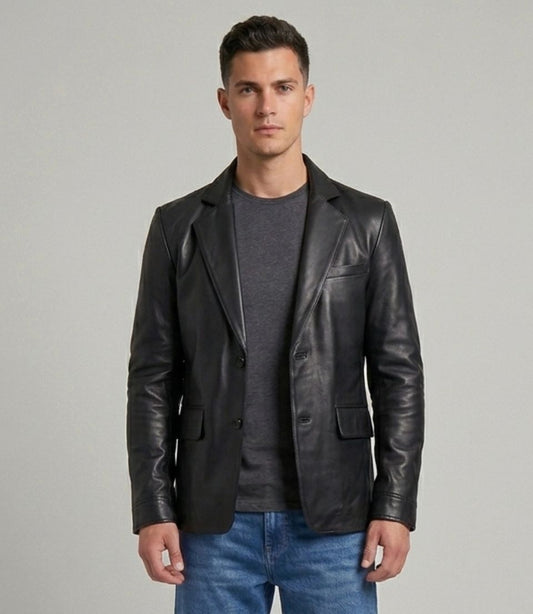 Men's Black Lambskin Leather Two-Button Blazer Jacket