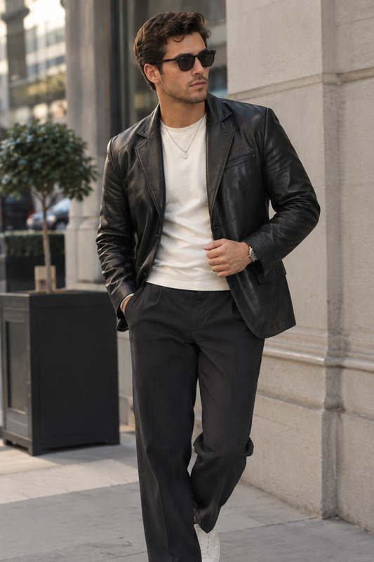 Men's Black Leather Blazer Two-Button Notch Lapel