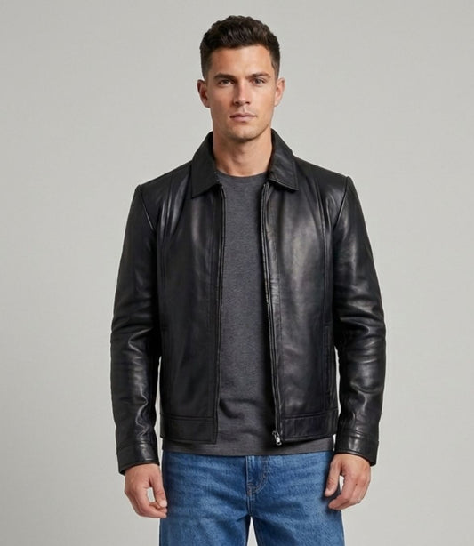 Men's Black Lambskin Leather Shirt Collar Trucker Jacket