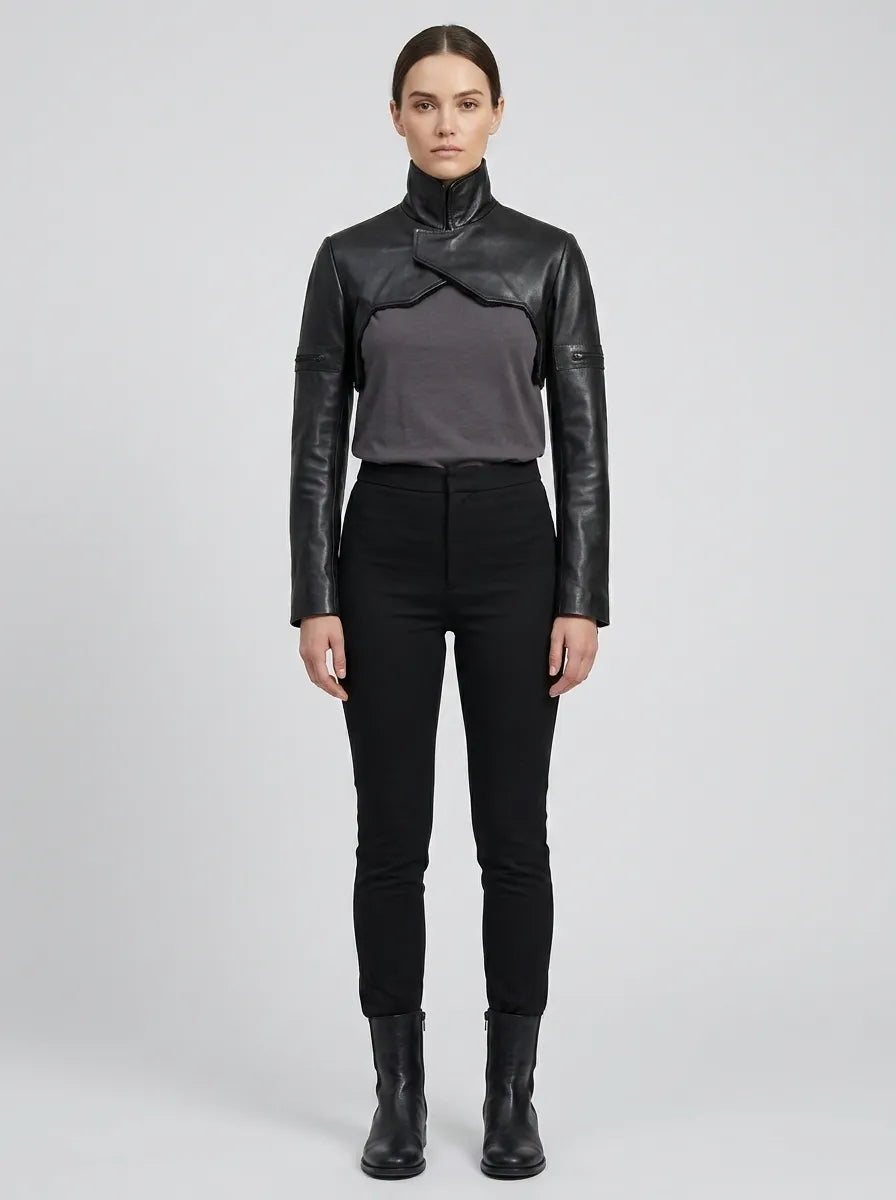 Sleek High-Neck Black Leather Bolero Jacket – Fitted Cropped Style