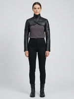 Sleek High-Neck Black Leather Bolero Jacket – Fitted Cropped Style