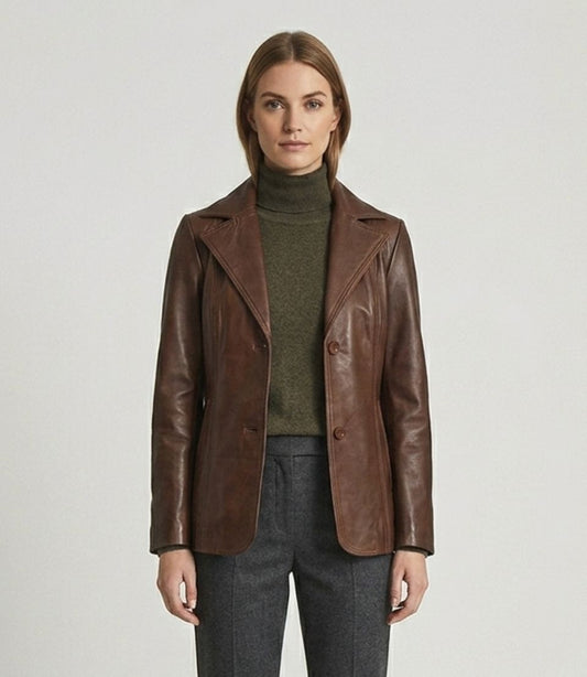 Women's Brown Real Lambskin Leather Blazer Style Jacket