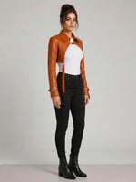 Statement Cognac Brown Leather Bolero Jacket with Buckle Details
