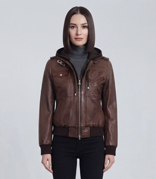 Women's Brown Leather Jacket with Hood – Ribbed Bomber Style