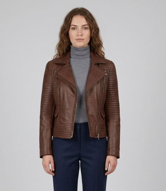 Women's Brown Real Lambskin Leather Quilted Biker Jacket