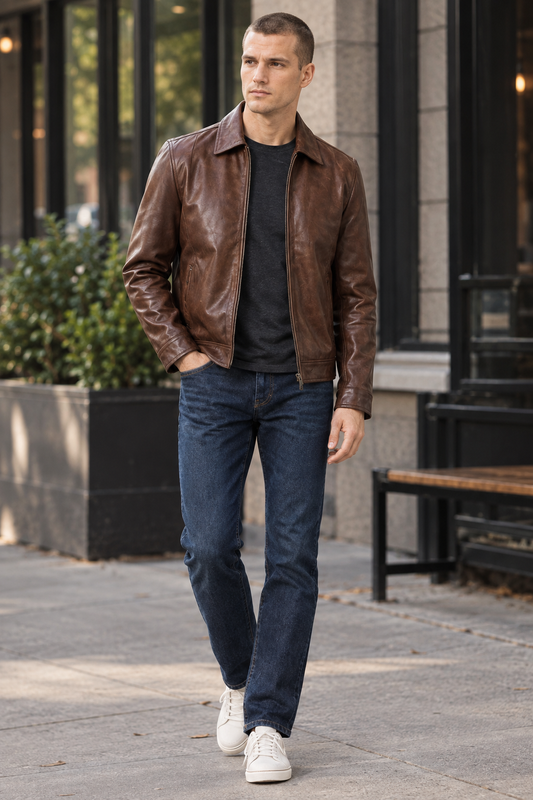 Men's Brown Leather Jacket Classic Shirt-Collar Style