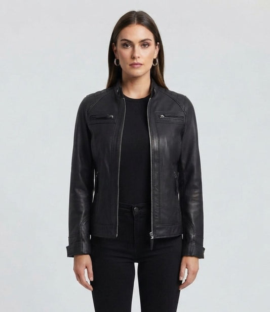 Women's Black Diamond Quilted Leather Cafe Racer Jacket