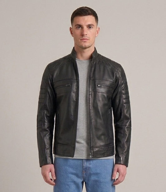Men's Black Lambskin Leather Quilted Shoulder Cafe Racer Biker Jacket