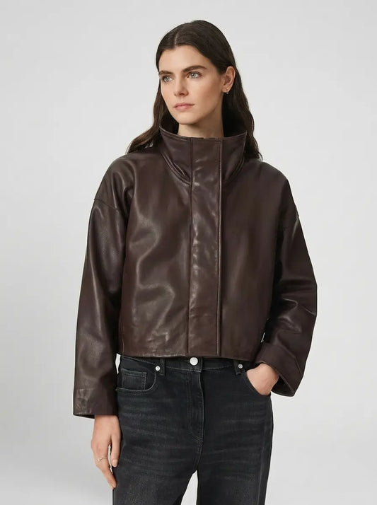 Brown Women’s Funnel Neck Lambskin Leather Jacket