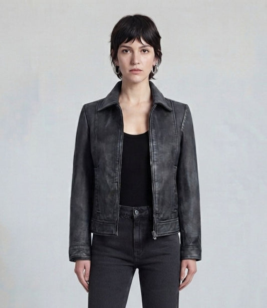 Women's Charcoal Leather Jacket – Classic Zip Front Style