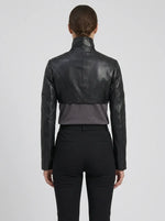 Sleek High-Neck Black Leather Bolero Jacket – Fitted Cropped Style