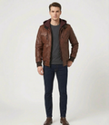 Men's Brown Real Lambskin Leather Hooded Bomber Jacket