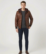 Men's Brown Real Lambskin Leather Hooded Bomber Jacket