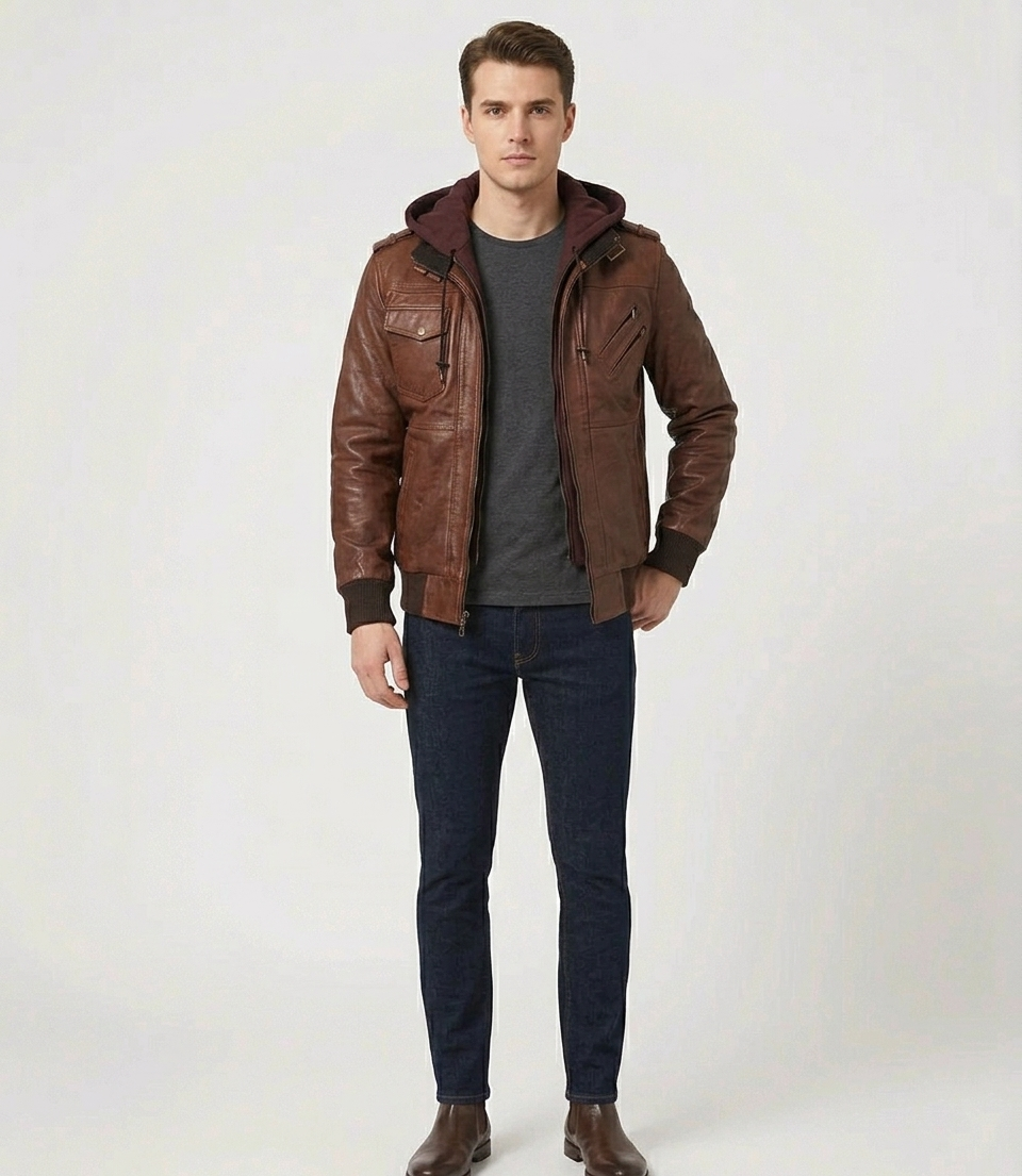 Men's Brown Real Lambskin Leather Hooded Bomber Jacket