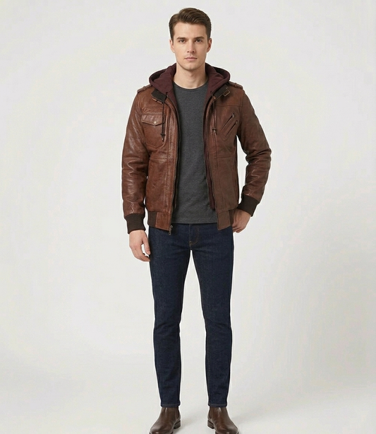 Men's Brown Real Lambskin Leather Hooded Bomber Jacket