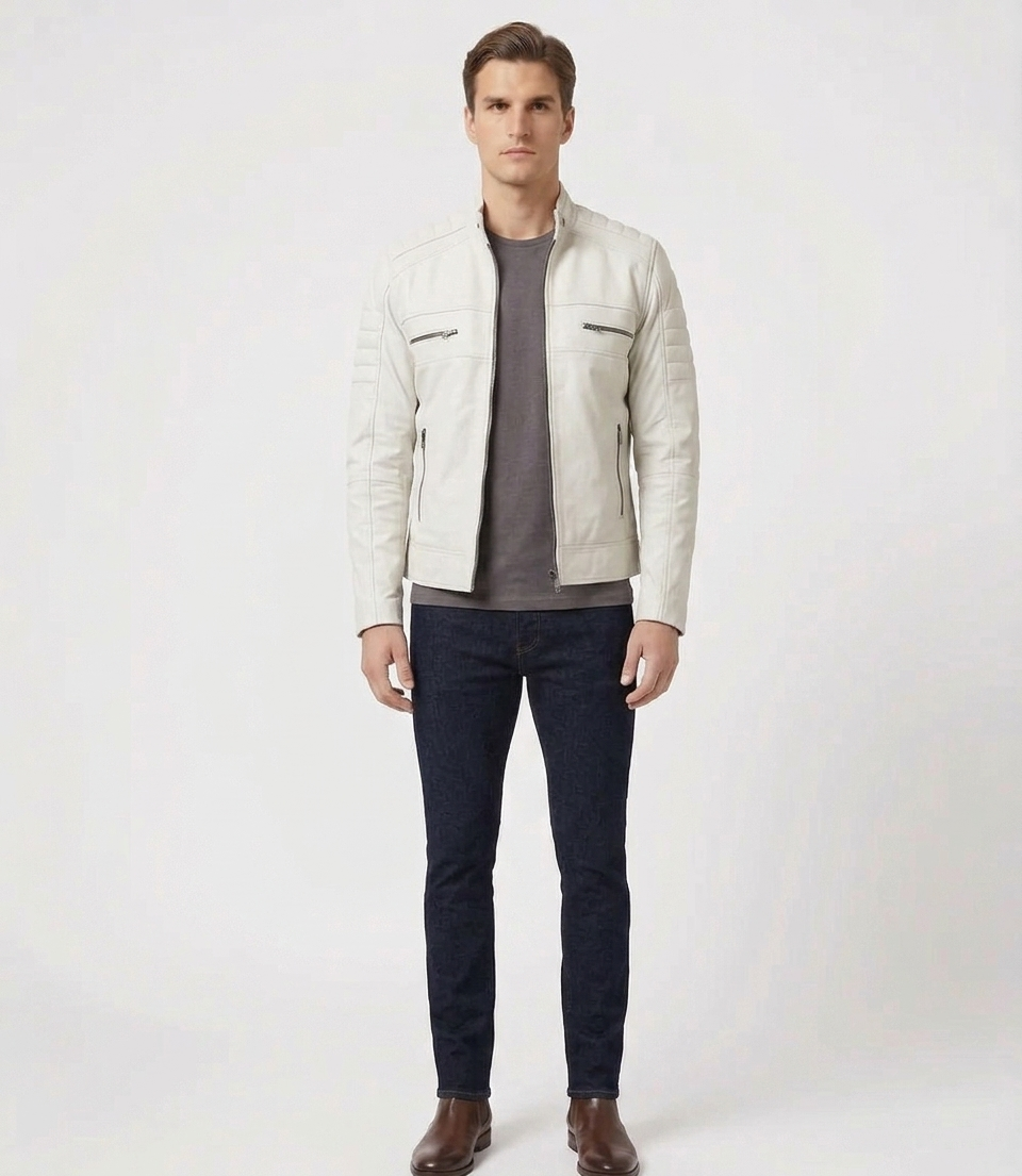 Men's Off-White Real Lambskin Leather Quilted Cafe Racer Jacket