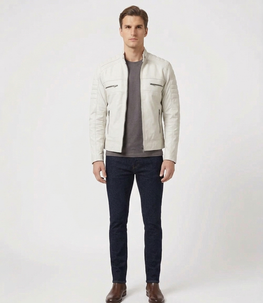 Men's Off-White Real Lambskin Leather Quilted Cafe Racer Jacket