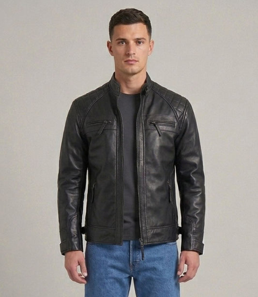 Men's Black Lambskin Leather Diamond Quilted Shoulder Biker Cafe Racer Jacket