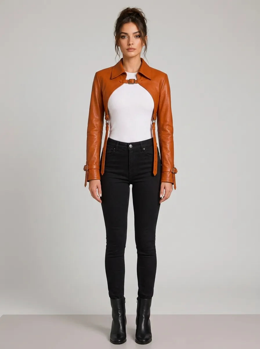 Statement Cognac Brown Leather Bolero Jacket with Buckle Details