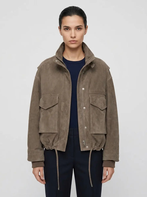 Gray Women’s Funnel Neck Suede Leather Jacket