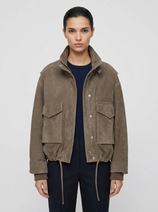 Gray Women’s Funnel Neck Suede Leather Jacket