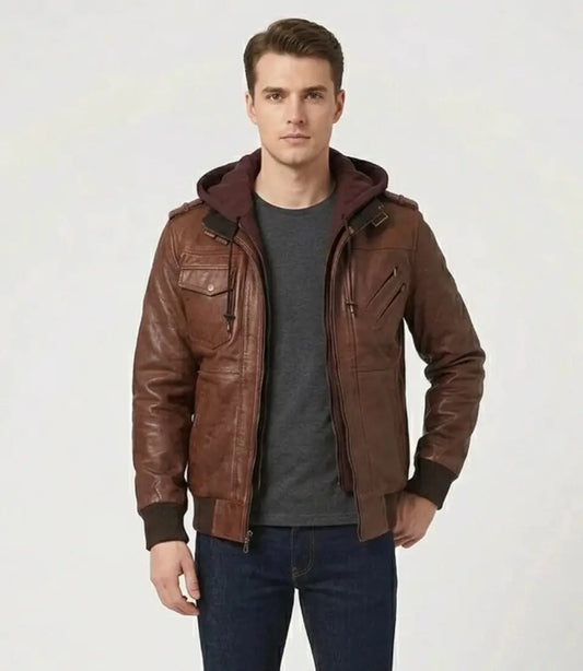 Men's Brown Real Lambskin Leather Hooded Bomber Jacket