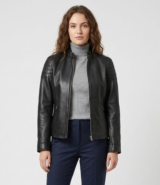 Women's Black Real Lambskin Leather Quilted Cafe Racer Jacket